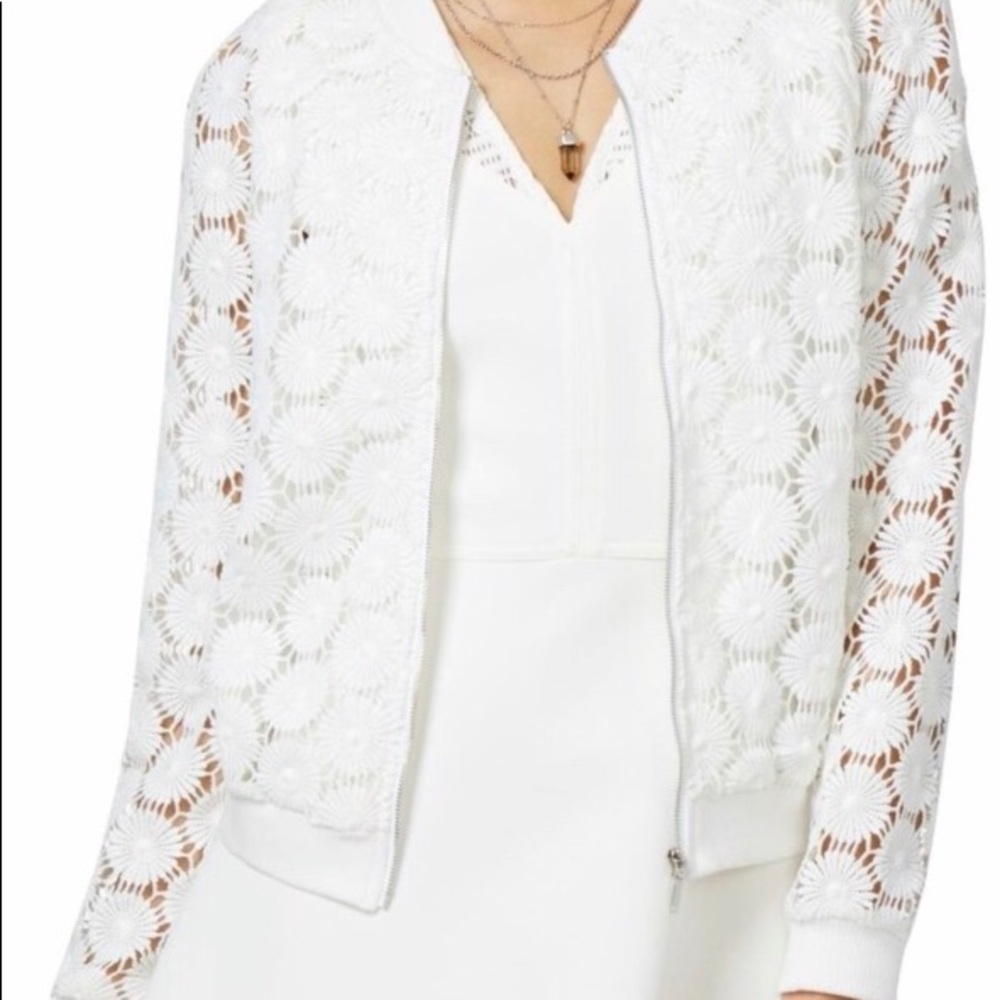 XOXO White Crochet Bomber Jacket